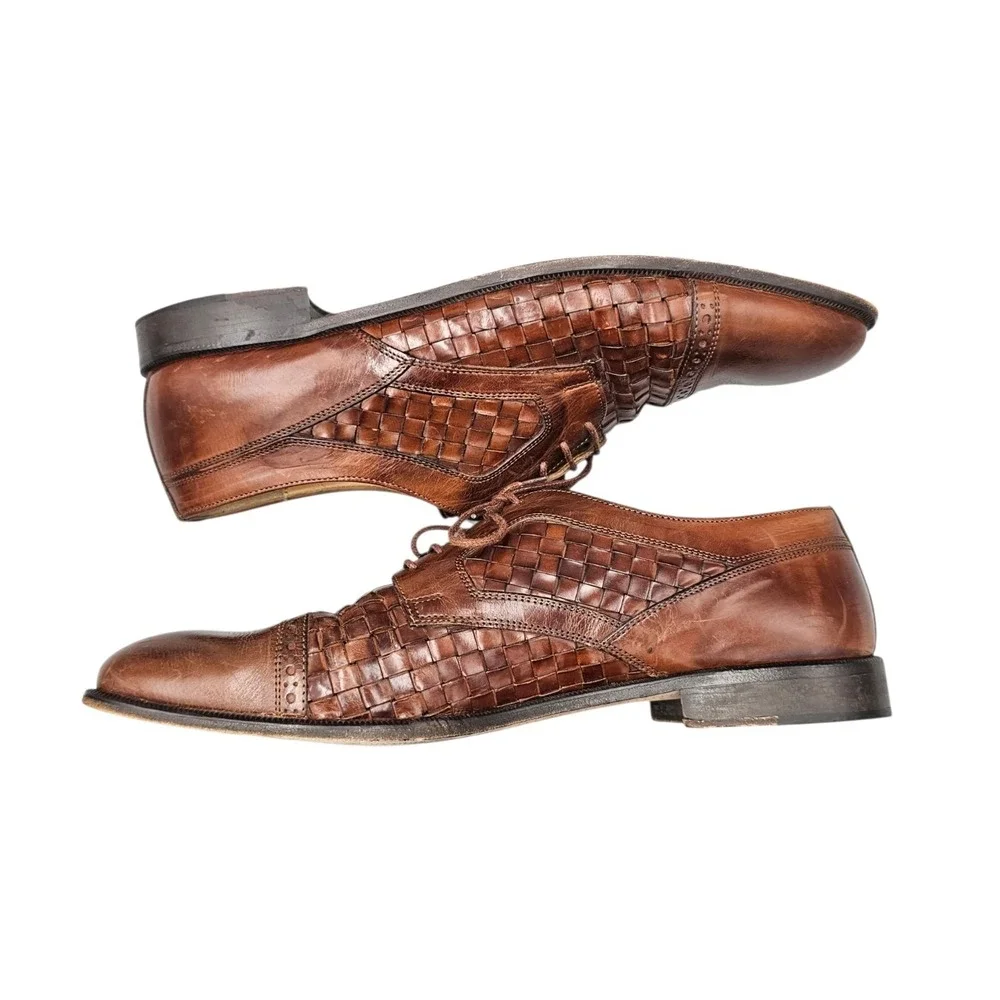 Johnston & Murphy Domani Men's Size 10.5 M EUC Brown Woven Leather Cap Toe Shoes